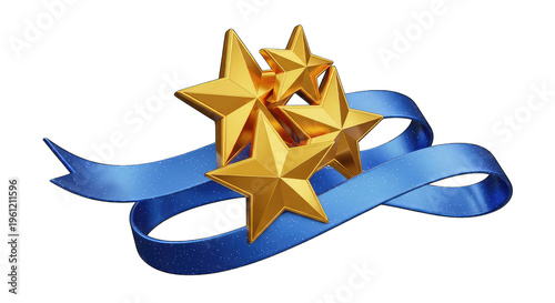 Golden star award with blue ribbon on white background, 3D render