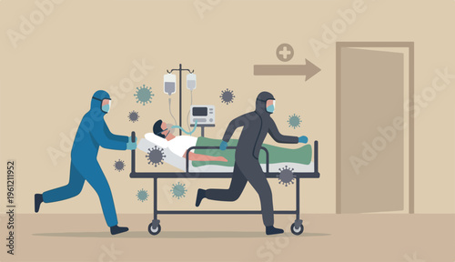 Emergency case for Coronavirus critical patient concept, doctor medical team riding bed critical Coronavirus COVID-19 pneumonia patient emergency room or extra into treatment, virus pathogen