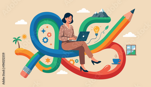  Flexible work, remote work anywhere anytime, employee choice or choose time location productivity and creativity concept, cheerful woman enjoy working with to computer laptop on flex bent pencil.