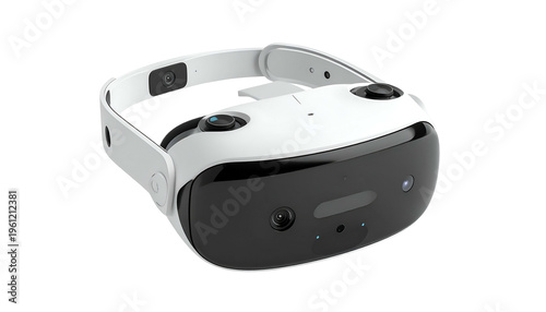 White VR headset with sleek black visor and adjustable headband, angled on black background