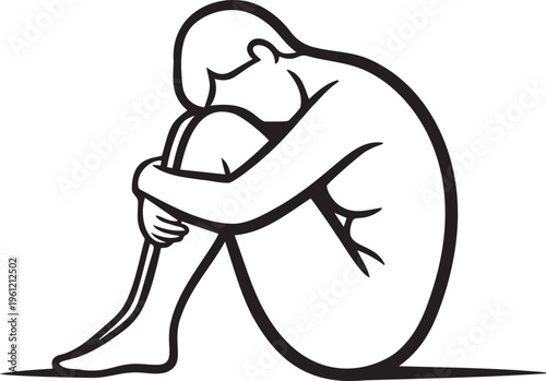 Person sitting curled up, deep sadness, loneliness, embrace.