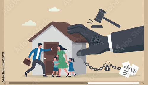  Eviction and mortgage debt foreclosure difficulty payback bank mortgage loan concept, bankruptcy man family fighting hold back their house with big legal hand evict it by law