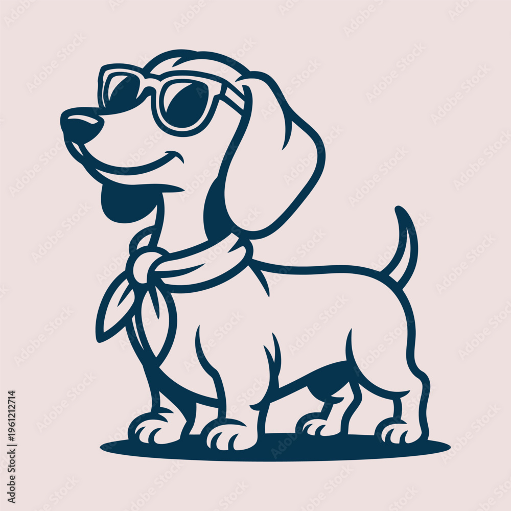 Fototapeta premium Cool dachshund dog wearing sunglasses cartoon vector illustration. Ideal for t shirt designs social media graphics pet lover products and playful mascot collections.