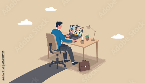 Work from home video conference meeting team social distancing Coronavirus COVID-19 pandemic concept, office home working chair to conference meeting team laptop computer.