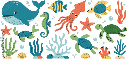 Cute sea animals collection featuring whale turtles squid seahorse and coral reef elements for children.