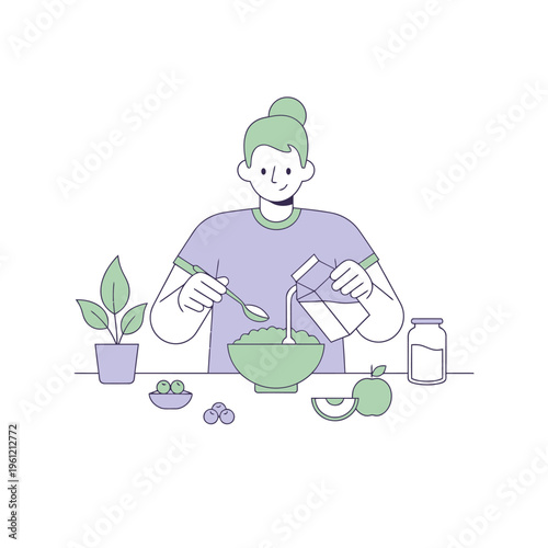 Person preparing a healthy breakfast bowl with fruits and milk.