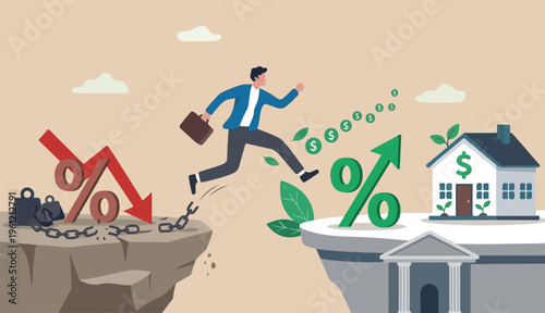 Refinance change mortgage agreement new bank, replace debt obligation better interest rate, housing loan real estate investment concept, businessman house too jump new bank