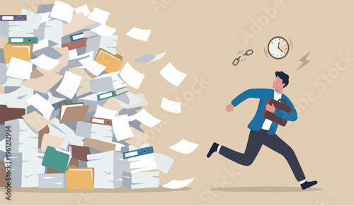 Overwhelmed this for the to or work overload, exhausted and anxiety, stressed goand tired from problem and trouble, panic attack or shocked, burnout and depression concept, fearful businessman runaway