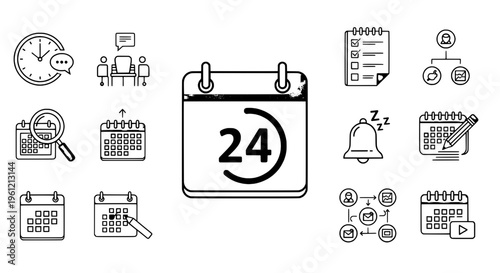 Calendar icon set with black line art and various scheduling symbols, including clock, bell, and list elements for organization and time management.