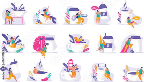 A set of illustrations of a woman doing yoga poses with coffee cups