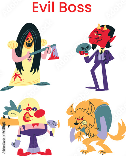A group of evil cartoon characters with weapons