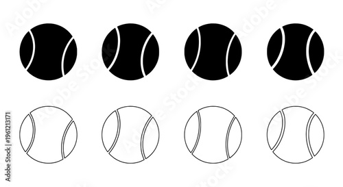 Tennis balls icon set with black and white line art styles, various filled and outlined designs featuring sports icons, vector graphics, sports