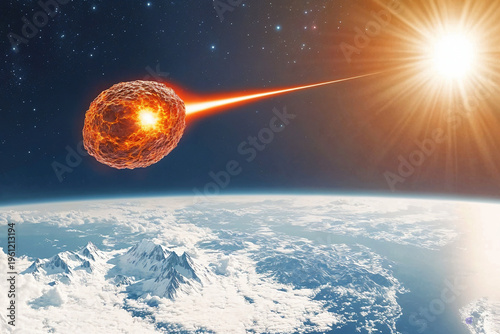 A fiery meteorite flies above the earth