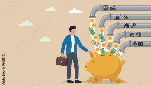 Multiple streams to in the of income, passive income or revenue from invest in multi assets, side hustles to make money concept, rich businessman standing with multi cash flow from pipe into wealthy