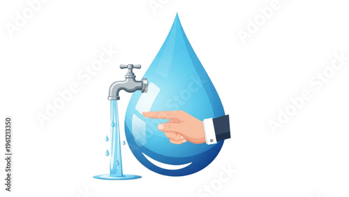 Water Conservation Concept with Faucet and Hand Turning Off Tap Saving Clean Fresh Water Illustration