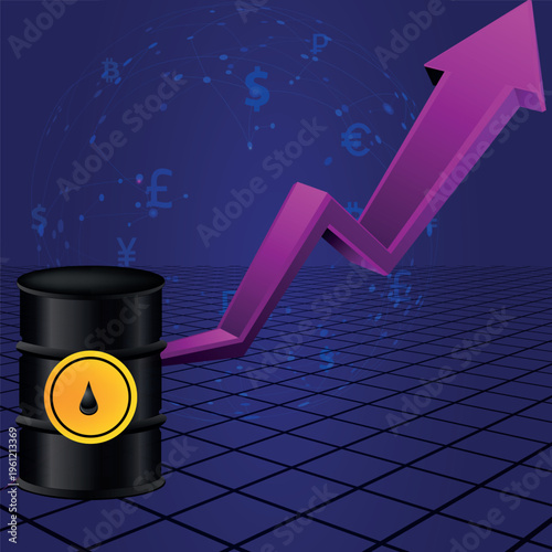 Global Oil Price Hike Graph with Rising Purple Arrow and Crude Oil Barrel over Digital Grid World Map, Energy Market Inflation and Economy Growth