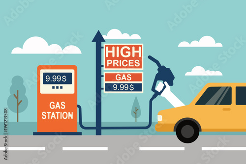 Car Refueling At Gas Station With High Prices Sign And Expensive Fuel Cost Illustration