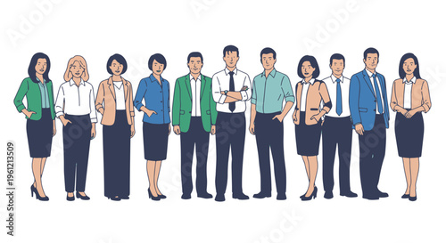 Business Professionals Group Diverse Team Standing Together in a Corporate Setting Flat Design Illustration