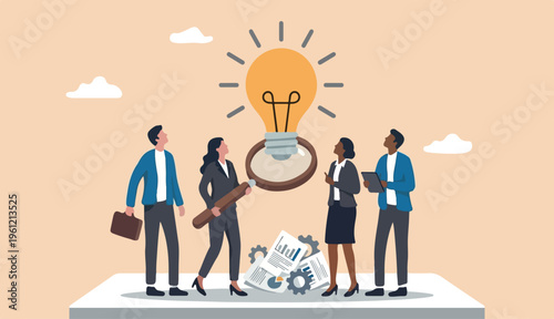 Business insights intelligence information competitive advantage win competition, discover business solution concept business people team looking lightbulb floating from magnifying glass