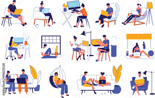 People working remotely in different positions and environments