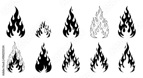 Flames set of black and white icons with various line styles and shapes featuring fire, vector, graphic with illustrations and burning elements for