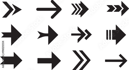 Collection of various black arrow icons on white background