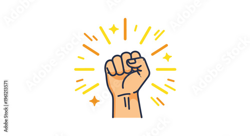 Fist Hand Raised in Protest or Success with Radiant Energy and Glowing Stars Illustration
