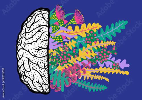 Black and White Brain with Colorful Flowers and Plants, Creativity Concept on Blue Background