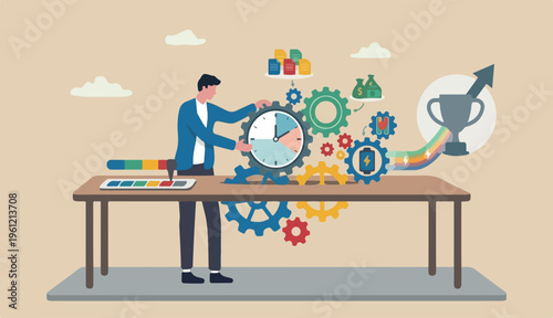 Efficiency or productivity, manage resources time optimize work result, increase performance with effective process, businessman combine big desk clock timer or gear cogwheel for best efficiency.