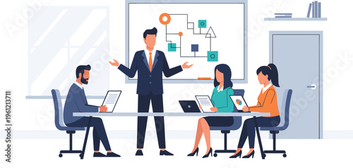 Business team meeting in modern office with presentation on whiteboard in flat design style for corporate website