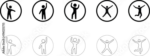 People in various celebratory pose icon set vector illustration in circle outline and black silhouette style on transparent background