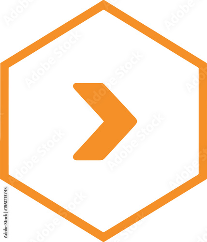 Orange right pointing chevron inside geometric hexagon frame