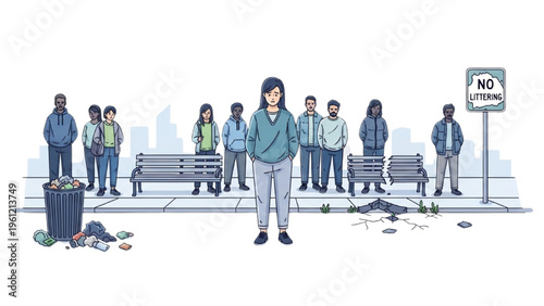 Urban Pollution Awareness Scene No Littering Sign Environmental Responsibility Illustration