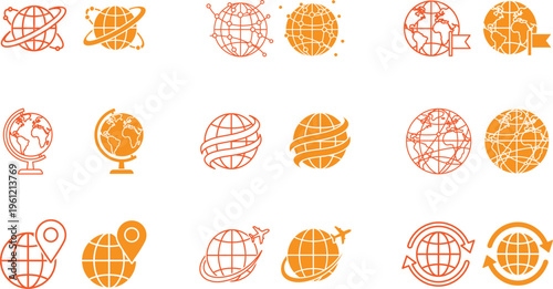Collection of abstract orange and red line art designs on white background