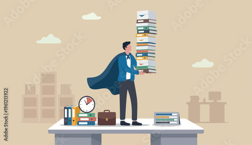 Handle busy work, manage workload complete multitasks within deadline, organize paperwork documents, effective or productive concept, businessman superhero carry load paperwork documents.