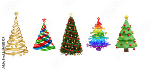 A group of colorful christmas trees with different ornaments