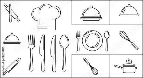 Kitchen utensils and dishes set with chef's hat and cooking tools line icons featuring restaurant, food, culinary with kitchenware and plates