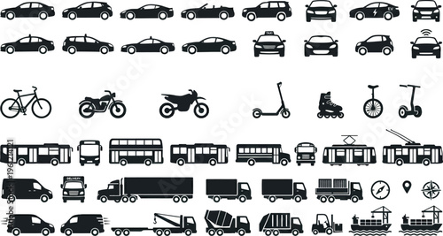 Mixed Vehicle Icons, Motorcycle, Electric Scooter and Small Cars Set