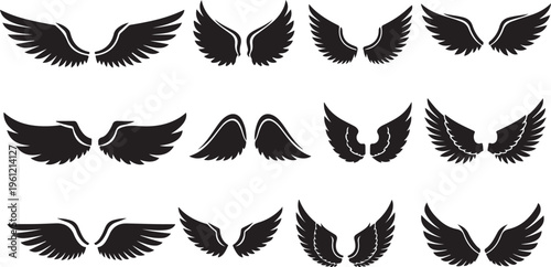 Collection of various black wing silhouettes on white background
