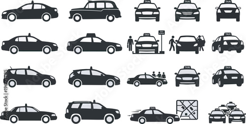 Urban Transportation Set with Taxi Cab and City Car Silhouettes