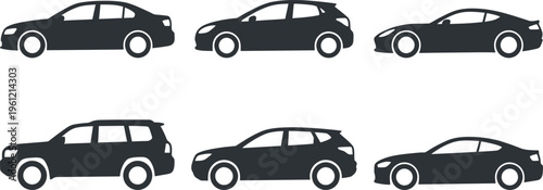 Set of Passenger Car Silhouettes, Sedan and Hatchback Vehicle Icons Vector
