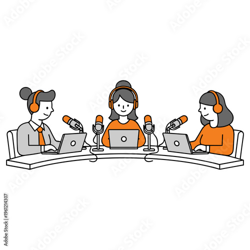 Three female broadcasters recording audio podcast episode with microphones and laptops in line