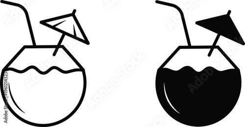 Coconut cocktail icons vector set, tropical drink with umbrella straw outline and silhouette design