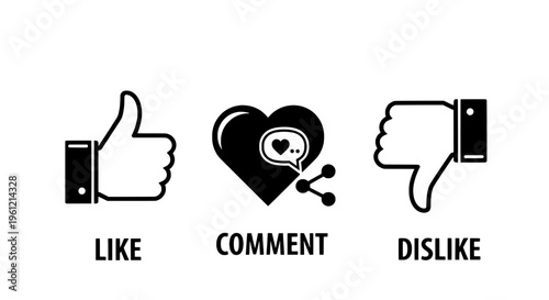 Thumbs social media icons set with like comment dislike symbols featuring heart, chat, feedback with rating and approval elements for disapproval,