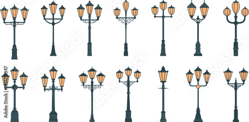 Collection of vintage street lamp vectors with classic ornate designs for urban landscape architecture city park lighting and historical exterior decoration illustration sets.