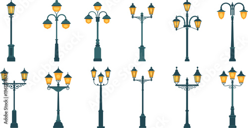 Collection of vintage street lamp vectors with classic ornate designs for urban landscape architecture city park lighting and historical exterior decoration illustration sets.