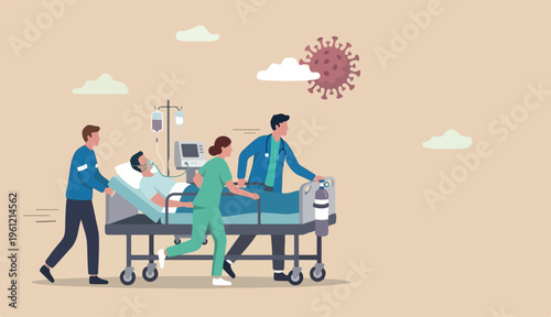 Emergency case for Coronavirus critical patient concept, doctor medical team riding bed critical Coronavirus COVID-19 pneumonia patient emergency room with extra treatment, virus pathogen