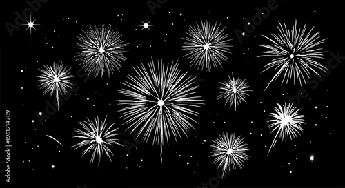 Fireworks exploding in the night sky with white sparks and stars on black background featuring explosion, celebration, festive with party and new