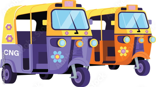 Colorful set of traditional auto rickshaw cng vehicles from south asia with artistic floral patterns and decoration