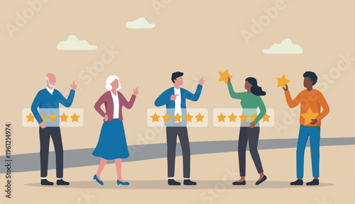 Customer or loyalty satisfaction giving 5 stars rating feedback, best experience trust service concept, various customer people or giving 5 stars review for quality service